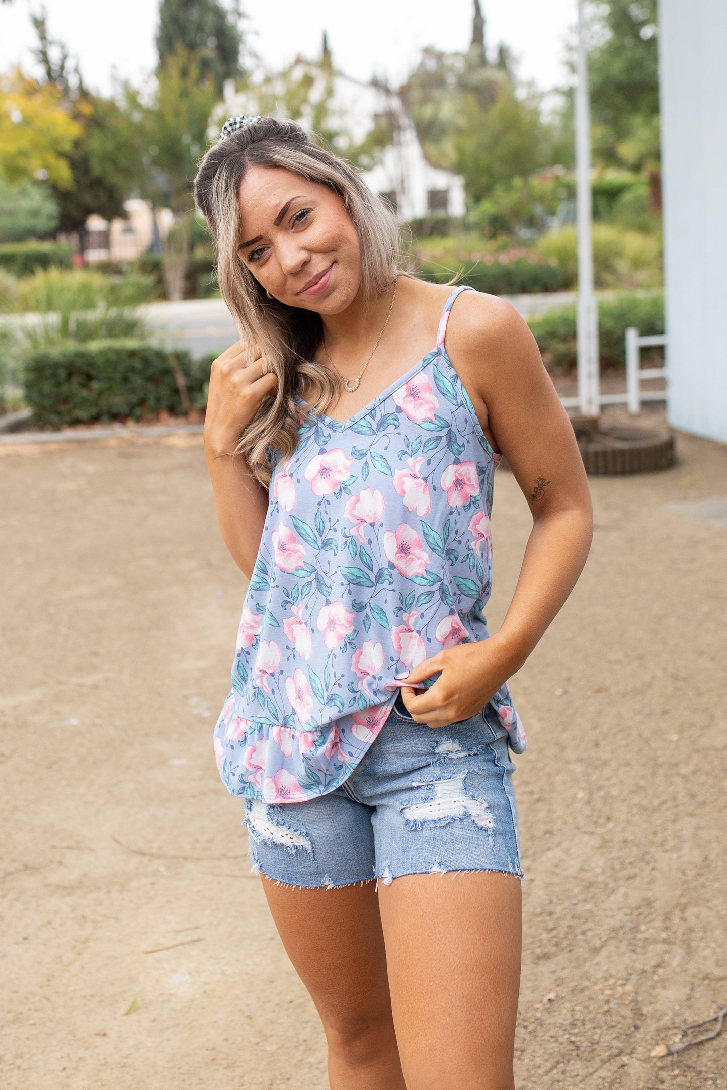 Periwinkle Blooms Ruffled Tank