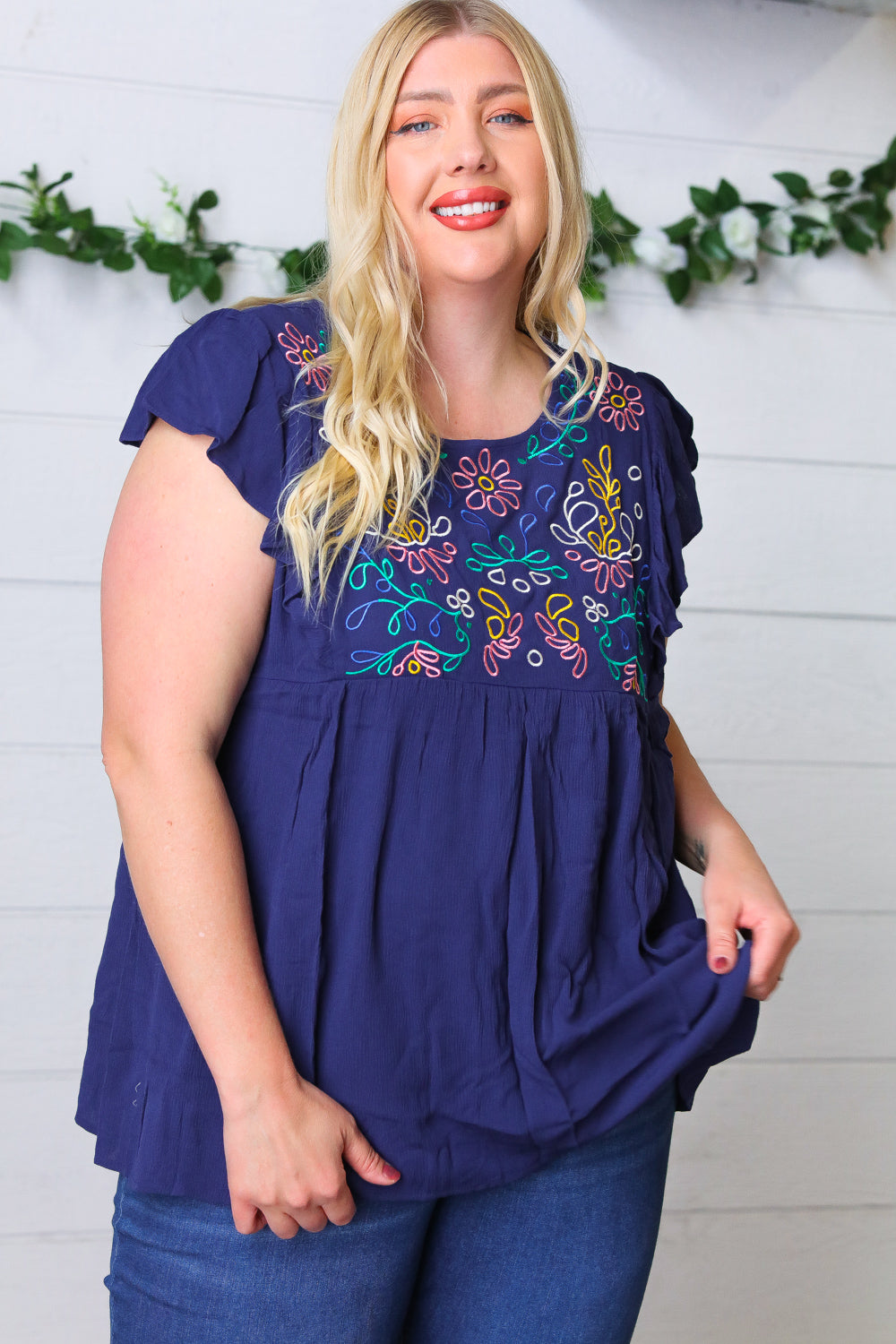 Navy Floral Embroidered Flutter Sleeve Top