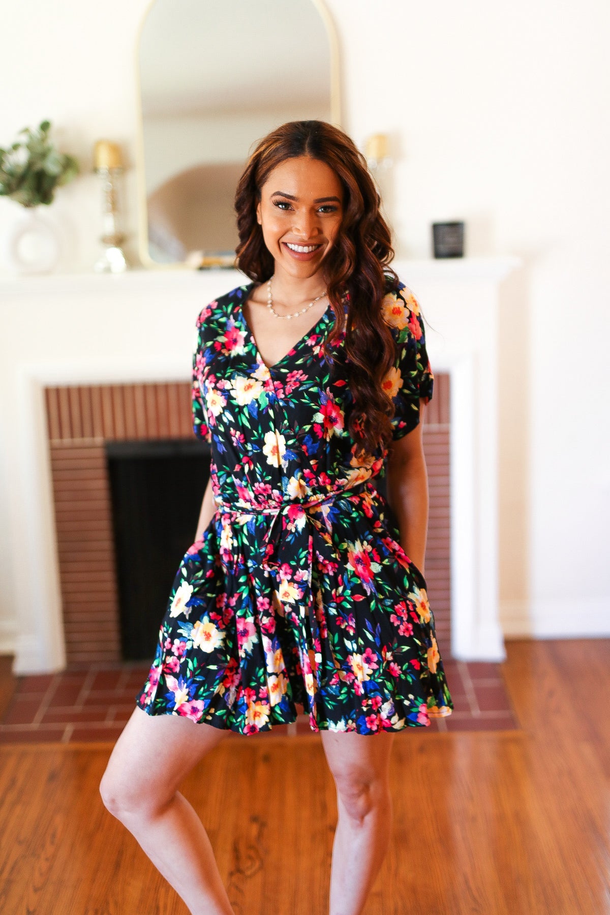 Multicolor Floral Surplice Short Sleeve Pocketed Romper