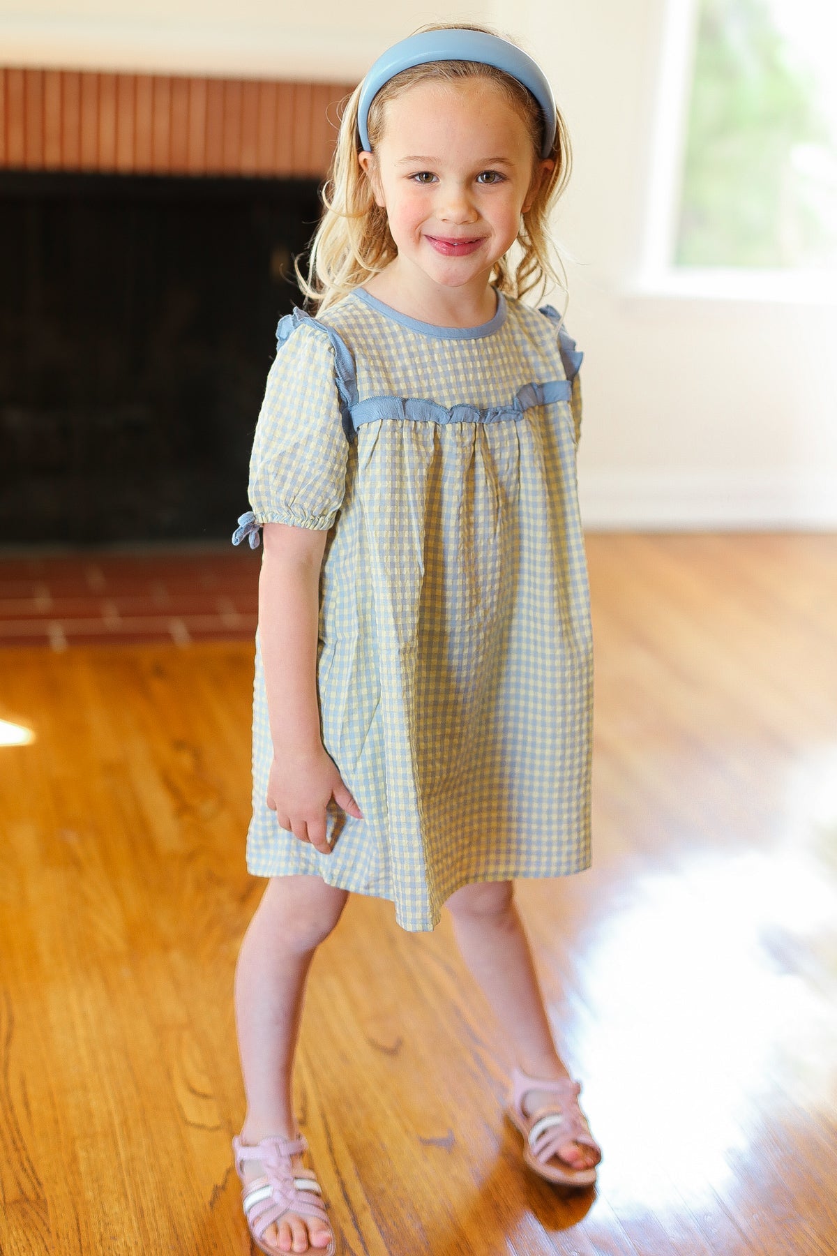 Kids Charming Blue Gingham Elastic Tie Sleeve Dress