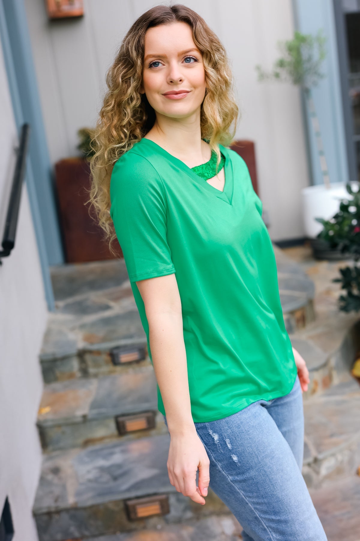 Saint Patrick Asymmetrical Sequin Banded V Neck Top