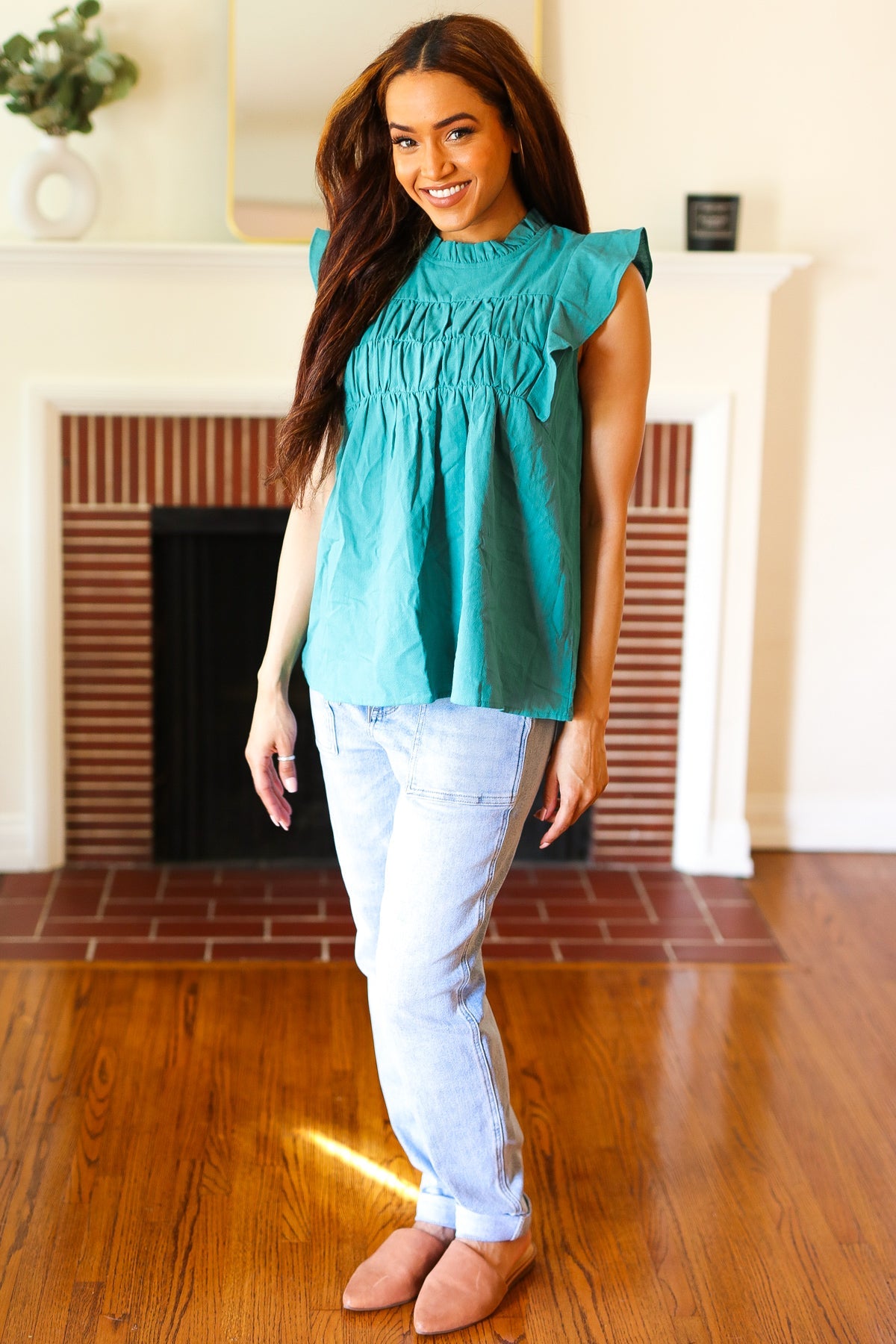 Love Life Cotton Turquoise Frill Mock Neck Flutter Sleeve Top