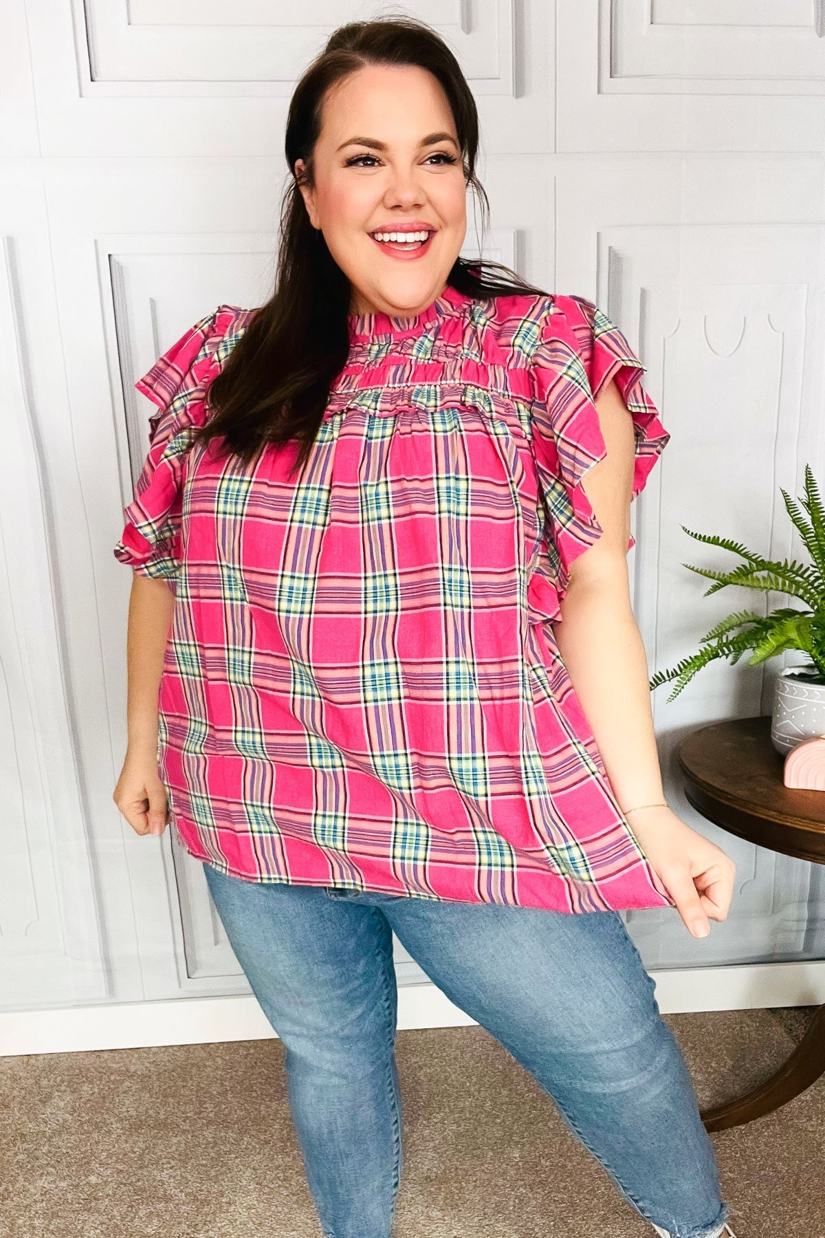 Live For Today Fuchsia Plaid Shirred Yoke Flutter Sleeve Top