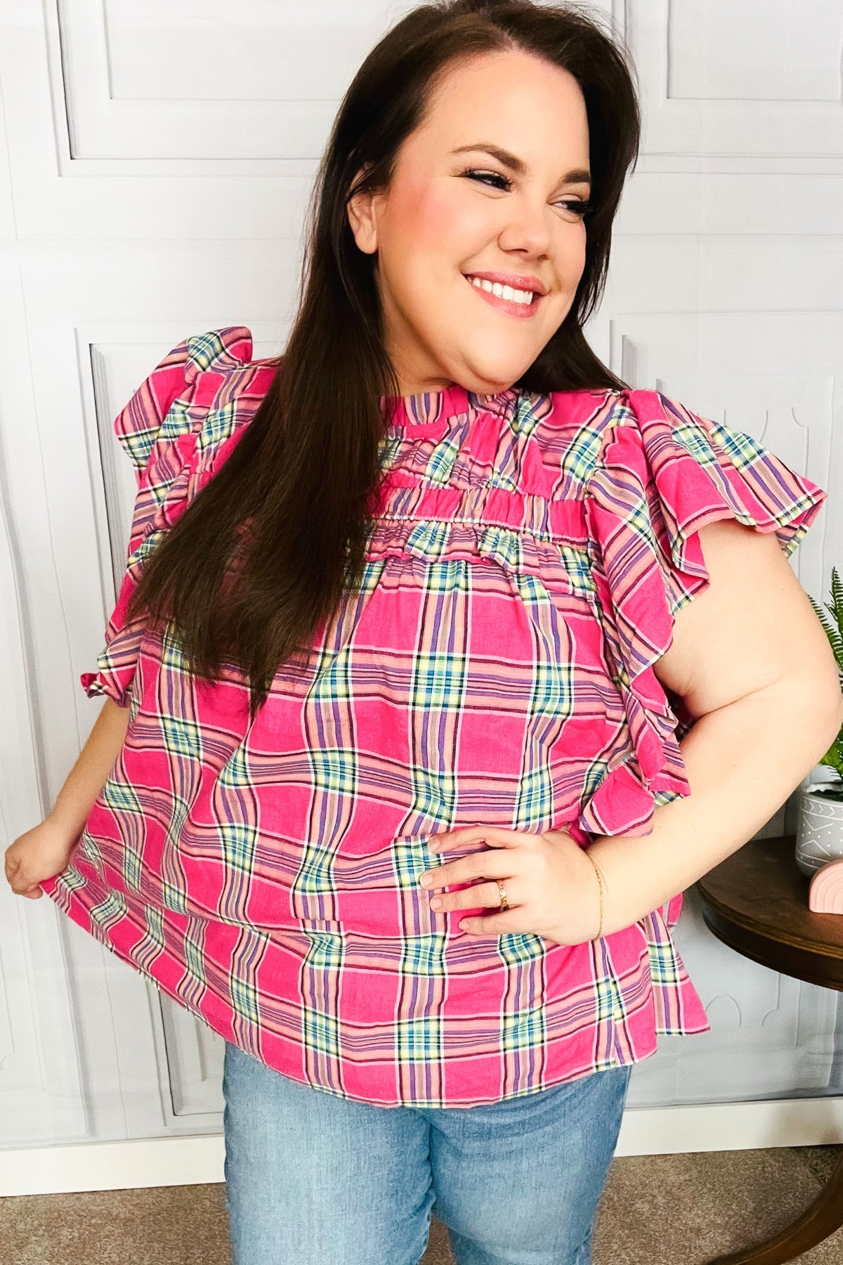 Live For Today Fuchsia Plaid Shirred Yoke Flutter Sleeve Top