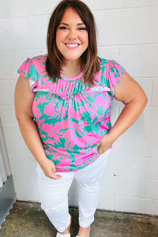 Pink & Green Floral Print Frilled Short Sleeve Yoke Top